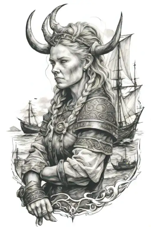 woman viking whit wapon and ship on the background tattoo design idea