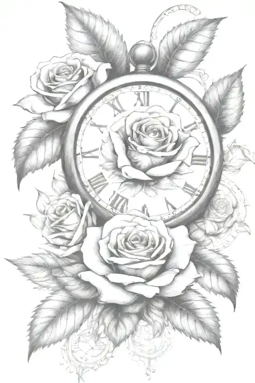 roses. clock, steampunk tattoo design idea