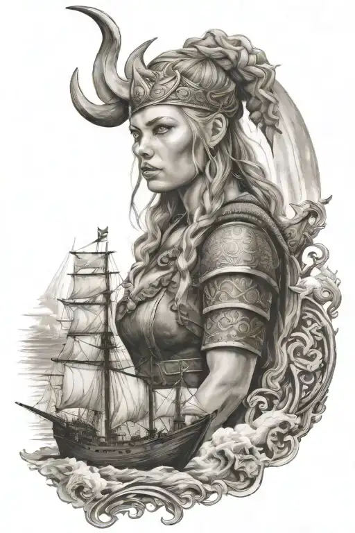 woman viking whit wapon and ship on the background tattoo design idea