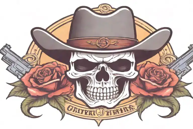 skull with cowboy hat, roses, guns crossed  tattoo design idea
