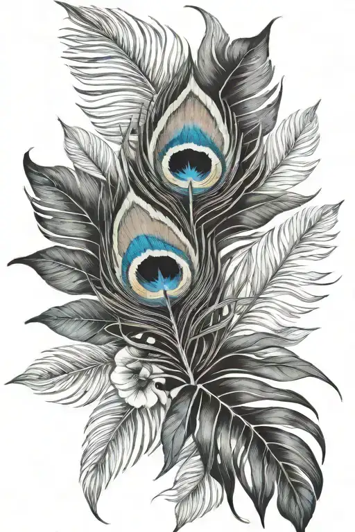 flower large black leaves with peacock feather tattoo design idea
