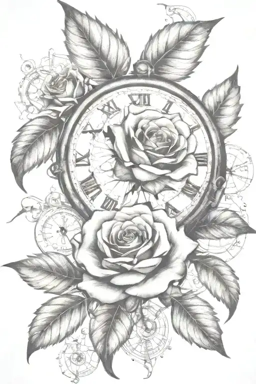 roses. clock, steampunk tattoo design idea