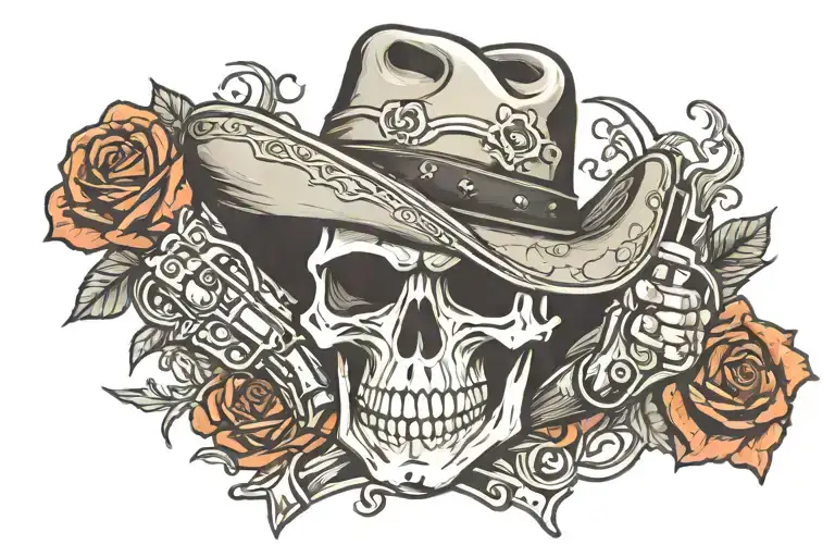 skull cowboy hat roses guns crossed tattoo design idea