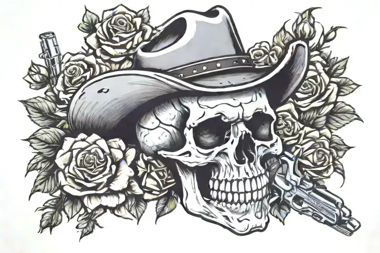 skull with cowboy hat roses guns crossed together tattoo design idea