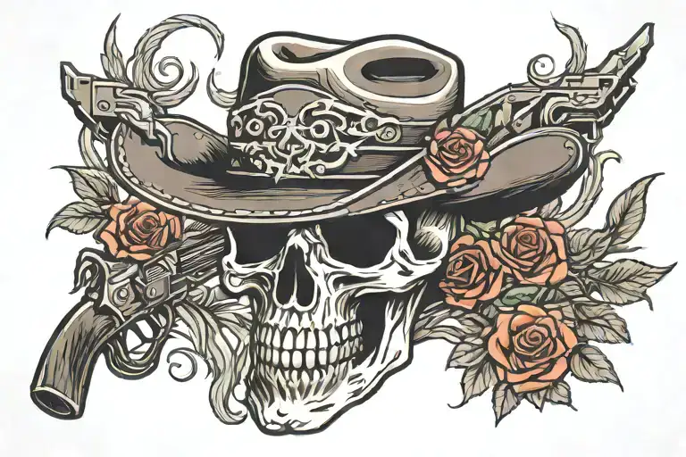 skull cowboy hat roses guns crossed tattoo design idea