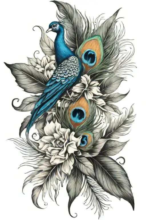 flower large black leaves with peacock feather tattoo design idea