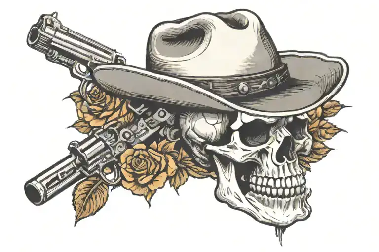 skull with cowboy hat roses guns crossed together representing tattoo design idea
