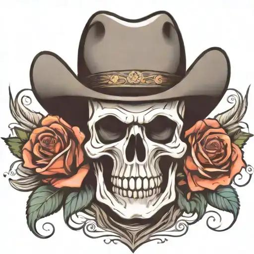 skull with cowboy hat, roses, guns crossed  tattoo design idea