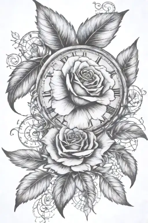 roses. clock, steampunk tattoo design idea