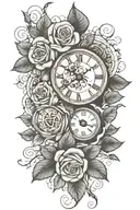 roses, leaves, clock tattoo design idea