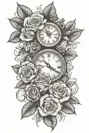roses, leaves, clock tattoo design idea