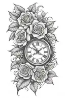 roses, leaves, clock tattoo design idea