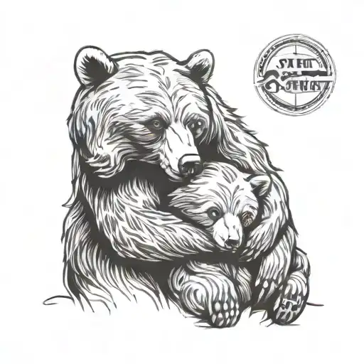 A black and white sketch of a mother bear sitting and hugging her cub tightly against her chest, in a style similar to t tattoo design idea
