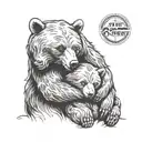 A black and white sketch of a mother bear sitting and hugging her cub tightly against her chest, in a style similar to t tattoo design idea