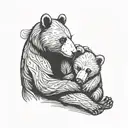 A black and white sketch of a mother bear sitting and hugging her cub tightly against her chest, in a style similar to t tattoo design idea