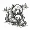 A black and white sketch of a mother bear sitting and hugging her cub tightly against her chest, in a style similar to t tattoo design idea