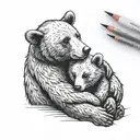 A black and white sketch of a mother bear sitting and hugging her cub tightly against her chest, in a style similar to t tattoo design idea