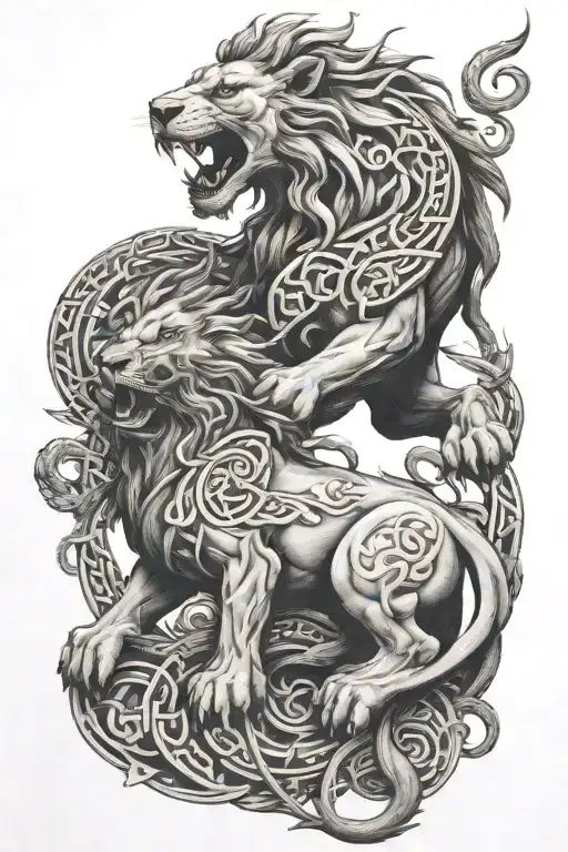 a lion fighting a  dragon with Celtic runes  tattoo design idea