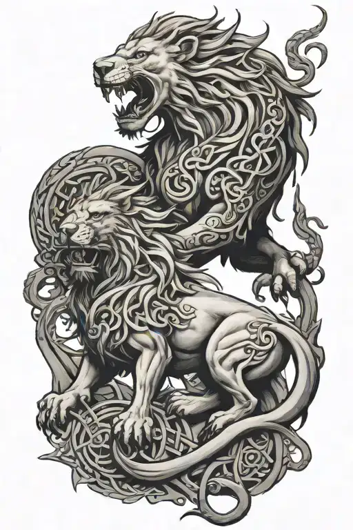 a lion and dragon fighting with Celtic runes  tattoo design idea
