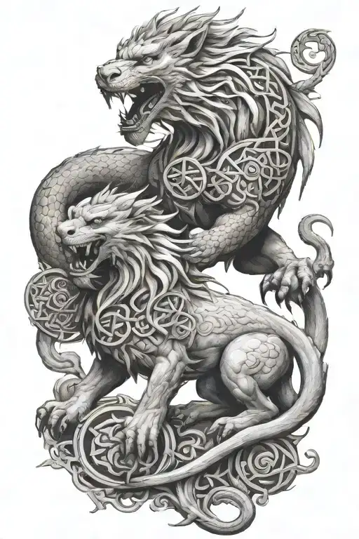 dragon fighting a lion with Celtic runes  tattoo design idea