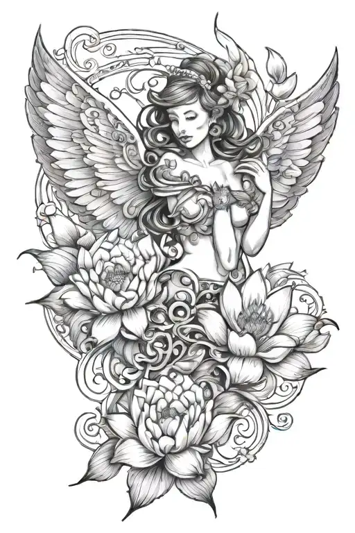 one tattoo sketch contains all this three items: 1-an angel with open wings from behind 2-lotus flower 3-butterflies tattoo design idea