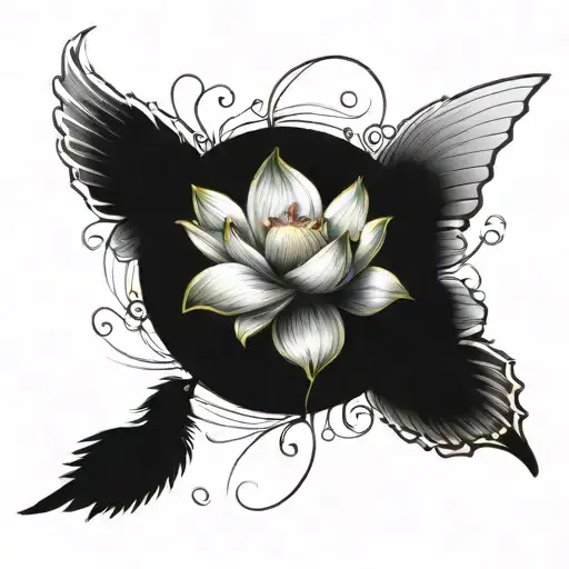 one tattoo sketch contains all this three items: 1-an angel with open wings from behind 2-lotus flower 3-butterflies one tattoo design idea