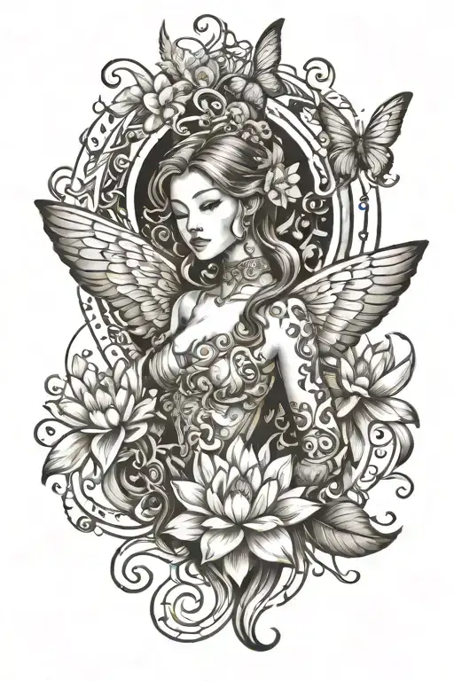 one tattoo sketch contains all this three items: 1-an angel with open wings from behind 2-lotus flower 3-butterfly tattoo design idea