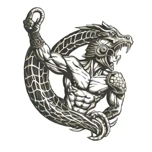 Ancient Greek fighter fighting a snake with Ancient Greek buildings behind tattoo design idea