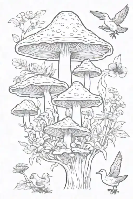 fauna mushroom with goose, frog, and bee collecting nectar tattoo design idea