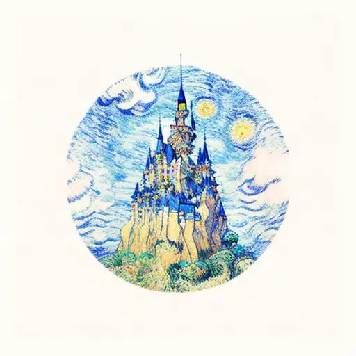 Castle in the sky by studio ghibli with van gogh tattoo design idea