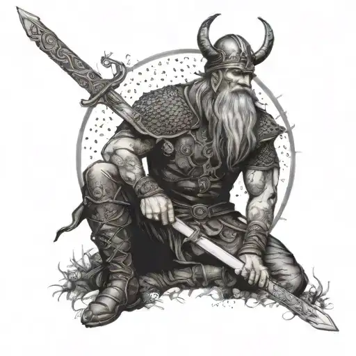 Vikings warrior meditating under a tree with a sword tattoo design idea