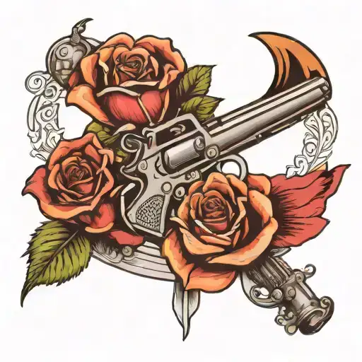 a rose and a gun crossed over eachother with a banner under it that says .ser inseparável é estar separado e nada muda. tattoo design idea
