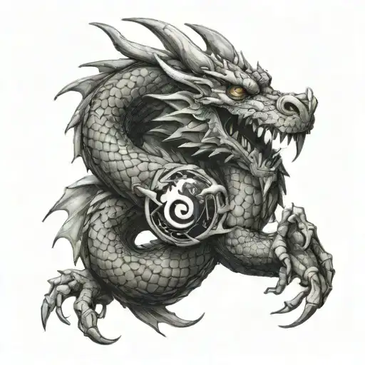 dragon starting at the finger, wrapping around the arms, biting a yin yang sign on the neck tattoo design idea