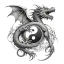 dragon, wrapping around the arms, biting a yin yang sign on the neck tattoo design idea