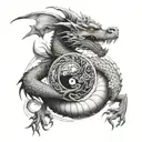 dragon, wrapping around the arms, biting a yin yang sign on the neck tattoo design idea