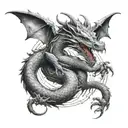 dragon, wrapping around the arms, biting a yin yang sign on the neck tattoo design idea