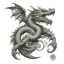 dragon, wrapping around the arms, biting a yin yang sign on the neck tattoo design idea