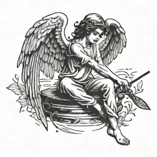 angel with halo and wings sitting peacefully casting fishing rod tattoo design idea