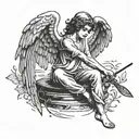 angel with halo and wings sitting peacefully casting fishing rod tattoo design idea