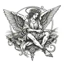 angel with halo and wings sitting peacefully casting fishing rod tattoo design idea
