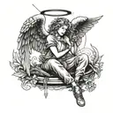 angel with halo and wings sitting peacefully casting fishing rod tattoo design idea