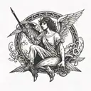 angel with halo and wings sitting peacefully casting fishing rod tattoo design idea