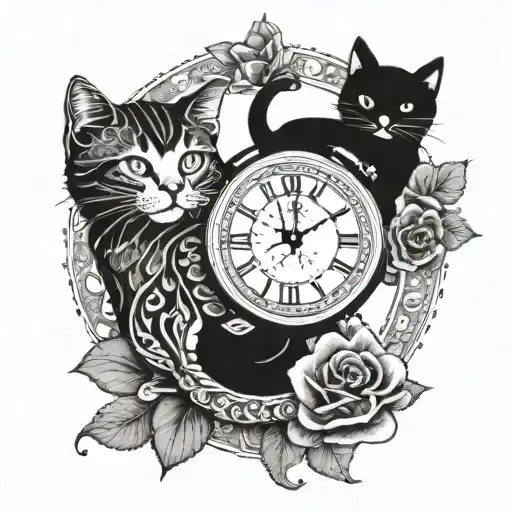 clock with flower and wave and cat tattoo design idea