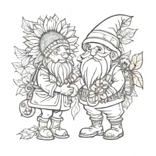 autumn gnome holding hands with sunflower humanoid with dog next to them tattoo design idea