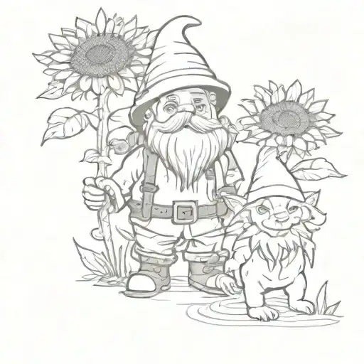 autumn gnome holding hands with sunflower humanoid with dog next to them tattoo design idea