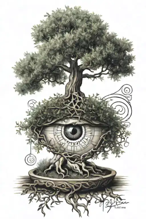 An olive tree whose roots become a labyrinth + the eye of horus tattoo design idea