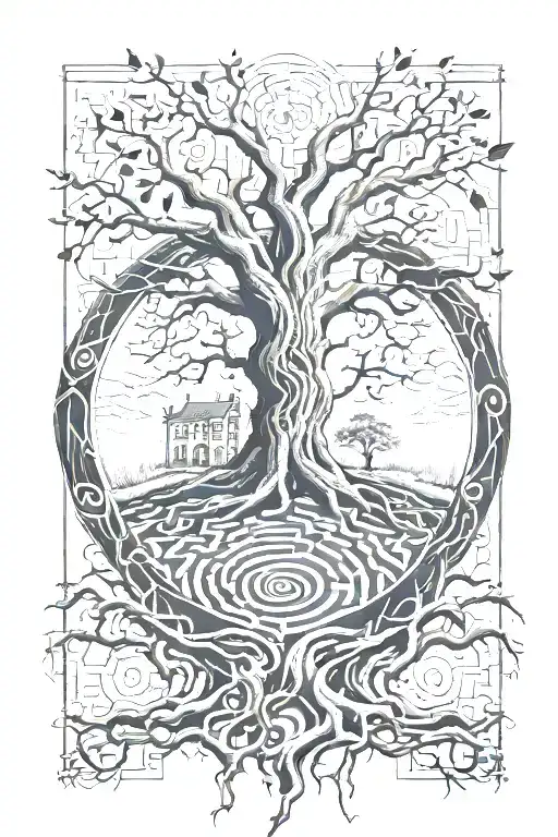 A tree whose roots become a labyrinth tattoo design idea