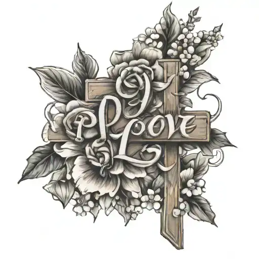 the word pray 4 love inside cross and flowers intertwined tattoo design idea