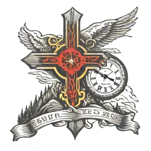 a cross on top of a mountain: inside the put the word psalms 31:2 in bold. Inside the mountain there is: a old clock tattoo design idea