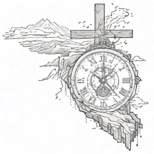 a cross on top of a mountain: inside the cross there is the words psalms 31:2. Inside the mountain there is: a old clock tattoo design idea